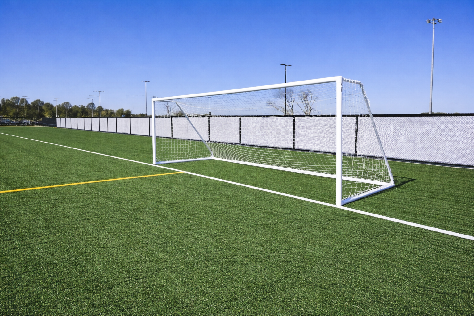 Pevo Supreme Soccer goal on a green field with a clear blue sky
